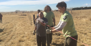 Weld County Youth Corps members fixing a fence in a field
